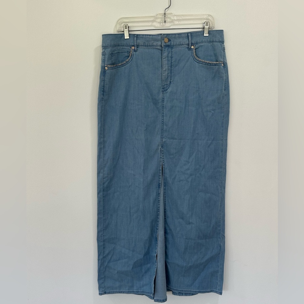 White House Black Market Blue Denim Maxi Skirt embellished size 14